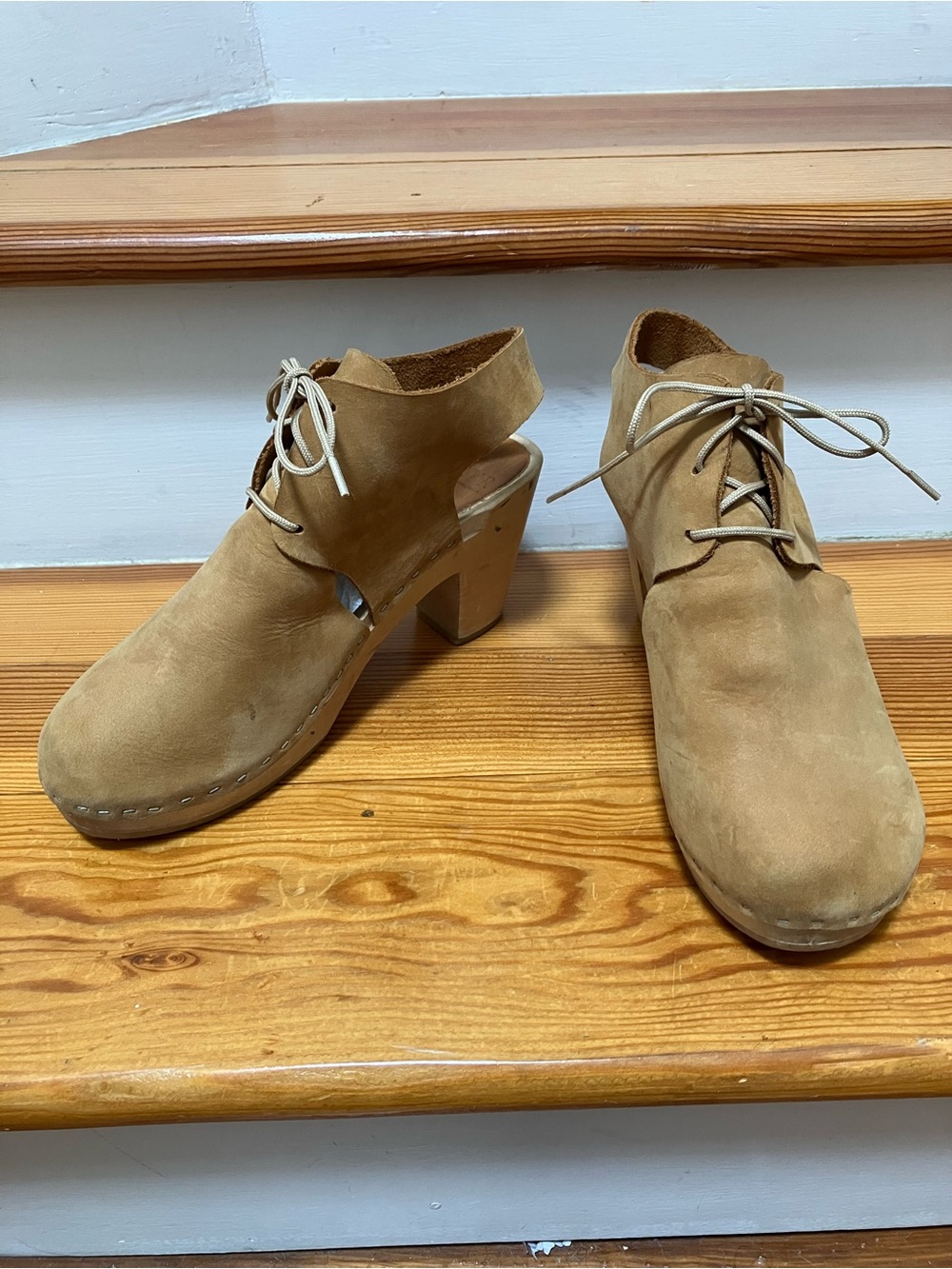 Bryr Clogs Sophie Lace Up Heels Tan Nubuck Leather Neutral Handmade 37 6.5 7